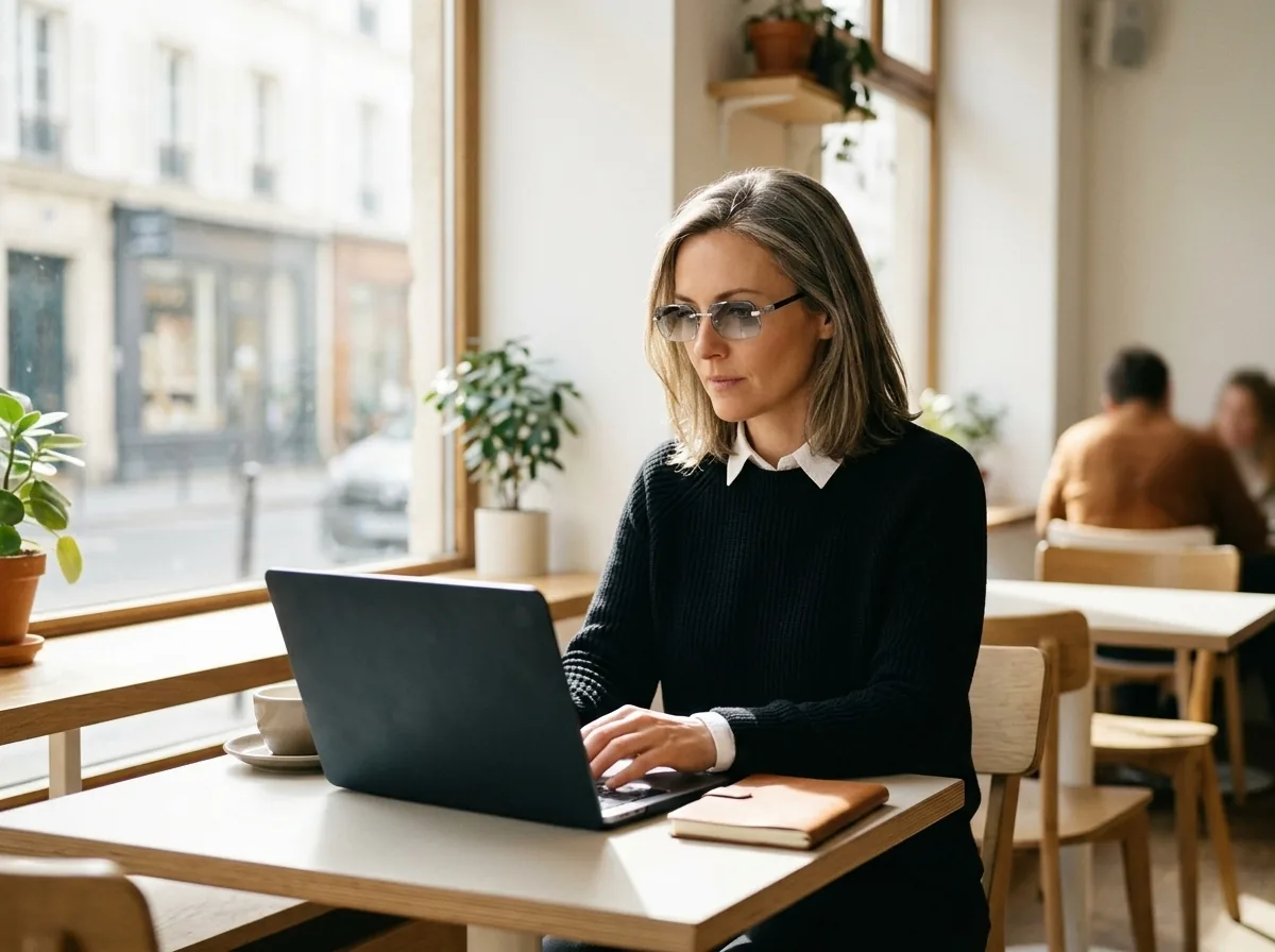 Person wearing glasses while working on a laptop